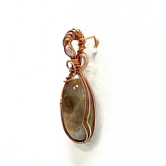 HANDCRAFTED Statement Pendant Gray &Rainbow Moonstones Oxidized Copper Hand Wrap - Picture 4 of 10
